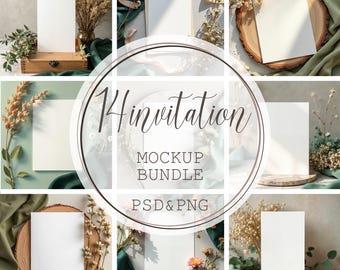 Ensemble de maquettes d'invitations de mariage vertes : Carte bohème (téléchargement PNG, PSD)