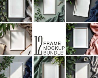 Flat Lay White Frames Mockup Set Bundle: Digital Art Display (PNG, PSD Download)