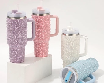 Pearl Diamond Tumbler With Straw & Straw Cover Stainless Steel Insulated Travel Mug FREE SHIPPING