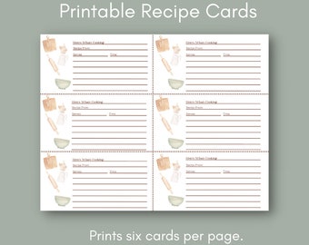 Puede incluir: Seis tarjetas de recetas imprimibles con un diseño de acuarela de utensilios de cocina. Cada tarjeta tiene líneas para escribir el nombre de la receta, el tiempo de preparación, las porciones y las instrucciones. El texto en las tarjetas dice "Here's What's Cooking".