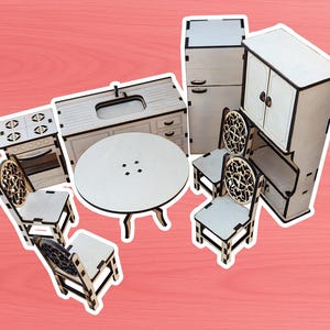 Miniature Kitchen Furniture Set | 1:12 Scale Dollhouse Kitichen Furniture, Dining + Appliances | Laser-Cut Baltic Birch Wood