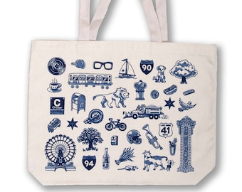 Cotton Canvas Chicago Icons Tote Bag - 100% Cotton - Reusable tote - Designed & Screen Printed in our Wicker Park Creative Studio