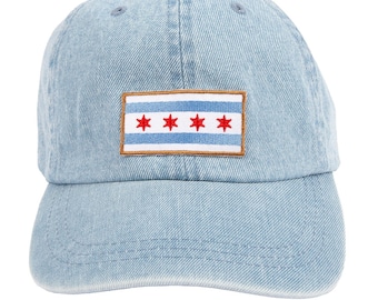 Small Chicago Flag Patch Baseball Hat - Blue Denim - Chicago Hat, Chicago Flag Hat, Chicago Gift, - Designed in our Wicker Park studio