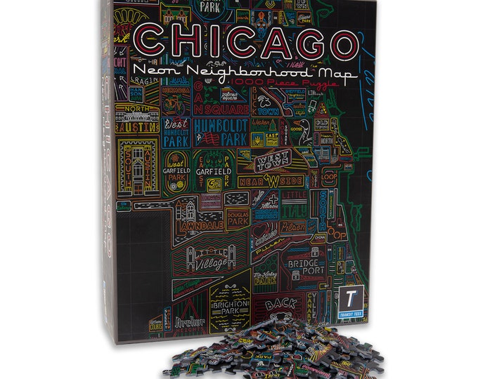 Neon Neighborhood Map of Chicago 1000 Piece Puzzle - Great Gift for Chicagoans - Designed in our Wicker Park Creative Studio