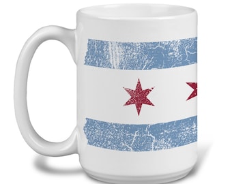 Distressed Chicago Flag Mug - 15oz - Chicago Flag Gift, Chicago Mug, Chicago Housewarming Gift, - Designed in our Chicago Creative Studio