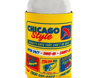 Chicago Style Eats Can Sleeve - Chicago Beverage Sleeve, Foodie Beverage Insulator, Chicago Pizza Lovers, - Designed in our Chicago Studio