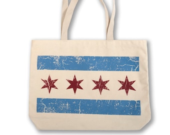 Distressed Chicago Flag Tote - 100% Cotton Canvas - Oversized Tote Bag - Heavy-duty, Sturdy Construction - Hand Screen Printed in Chicago