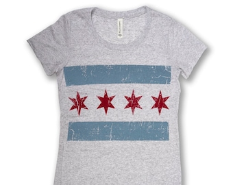 Distressed Chicago Flag Tee - Women's, Chicago Flag T-shirt , Chicago T-shirt, Chicago Gift, - Hand Screen Printed in our Chicago Studio