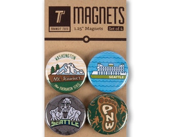 Seattle Adventure Round Magnet Pack - Seattle Magnets, Seattle Gift, Seattle Souvenir, Seattle Artwork, - Designed in our Creative Studio