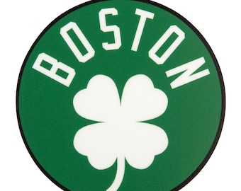 May include: A green circle with a black outline and the word "BOSTON" in white letters around a white four-leaf clover.