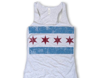 Distressed Chicago Flag Tank - Women's - Polyester/Combed Ringspun Cotton Blend - Distressed Design - Hand Screen Printed