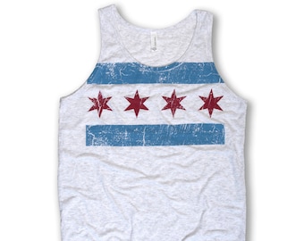 Distressed Chicago Flag Tank - Men's - Perfect for Summer - Cotton, Polyester and Rayon Blend - Designed and Screen Printed in Chicago
