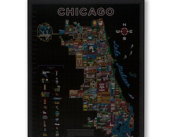 Neon Neighborhood Map of Chicago Poster Wall Art - Bright Neon Colors - Features All Neighborhoods - Designed in Chicago