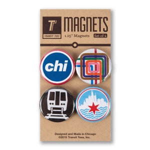 May include: Set of four 1.25 inch Chicago themed magnets. The magnets feature a train, the Chicago skyline, the word "chi" and a graphic of the Chicago "L" train system.