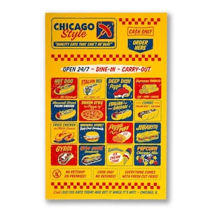 Chicago Style Eats Printed Poster - 11&quot; x 17&quot; Print - Chicago Style Hot Dog, Vintage Chicago, Chicago Poster, -Designed & Printed in Chicago