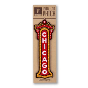 May include: Iron-on patch featuring a red and yellow sign with the word "CHICAGO" in white lettering. The patch is designed in Chicago and is packaged on a brown card.