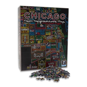 Neon Neighborhood Map of Chicago 1000 Piece Puzzle - Great Gift for Chicagoans - Designed in our Wicker Park Creative Studio