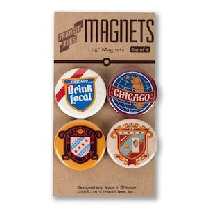 Drink Local Round Magnet Pack- Chicago Handshake, Old Style Magnet, Malort Magnet, Chicago Globe, -Designed & Produced in our Chicago Studio