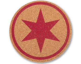 City of Chicago Six-Pointed Red Star 4" Diameter Cork Coaster - Great Gift for Beer Drinkers - Hand Screen Printed in Chicago