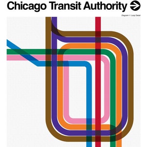 May include: A diagram of the Chicago Transit Authority's Rail 'L' System. The design features a network of colorful lines representing train routes, including blue, brown, green, orange, pink, purple, and red. The text "Chicago Transit Authority" and "Rail 'L' System" are displayed.