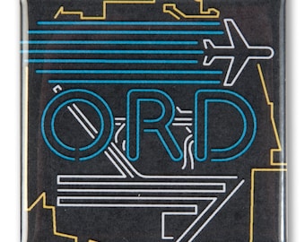 May include: A black and white button with a blue outline of the letters "ORD" and a stylized airplane with blue lines. The background is a black and white pattern of lines and shapes.