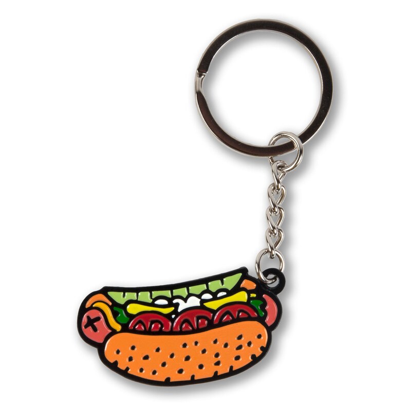 Designed in Chicago/'s Wicker Park Chicago Style Hot Dog Enamel Keychain with Silver Keyring No Ketchup Chicago Culinary Gifts