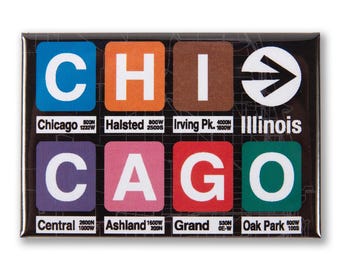 May include: A colorful magnet with the words "CHI CAGO" in large white letters on a black background. The letters are arranged in a grid pattern, with each letter on its own square. The squares are colored in different shades of blue, orange, brown, pink, red, and green. Below each letter is a smaller white label with the name of a Chicago train station and its location. The magnet also includes a white arrow pointing to the right, with the word "Illinois" below it.