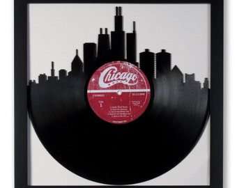 Upcycled Chicago Skyline Vinyl Record - 12" x 12" Framed Artwork, Chicago Artwork, Chicago Skyline Wall Decor - Locally Designed in Chicago