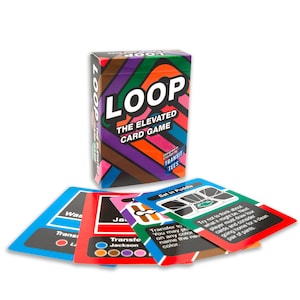 May include: A box of the Loop card game with a colorful design. The box is open and shows the cards inside. The cards are blue, red, and black with colorful dots and text. The text on the cards includes "Transfer to", "Set in Puddle", "Was", and "Jackson".