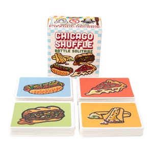May include: A set of four playing cards featuring different Chicago foods. The cards are blue, red, green, and yellow. The foods are a hot dog, a deep dish pizza, a Italian beef sandwich, and a Chicago-style burrito. The cards are part of a game called "Chicago Shuffle: Battle Solitaire".