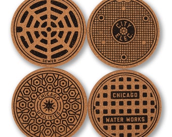Chicago Manhole Cover 4 Pack of Coasters - Chicago Coasters, Chicago Housewarming - Designed & Hand Screen Printed in our Chicago Studio