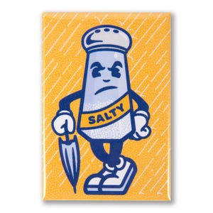 May include: A yellow and blue salt shaker cartoon character with an angry expression, holding an umbrella. The shaker is labeled "SALTY".