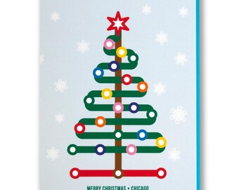 May include: A green Christmas tree with a red star on top and colorful ornaments. The tree is made of a green line with circles on it. The text "Merry Christmas - Chicago" is at the bottom of the card.