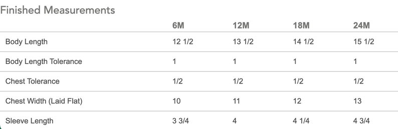 May include: Chart showing finished measurements for a garment in inches, including body length, body length tolerance, chest tolerance, chest width laid flat, and sleeve length. Measurements are listed for sizes 6M, 12M, 18M, and 24M.