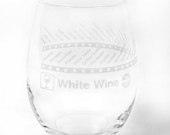 Transit White Wine Glass - 15oz Etched Glass, Chicago Wine Glass, Etched Wine Glass, Chicago Gift, Stemless, Designed in Our Chicago Studio