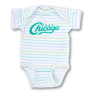 Chicago Vintage Script Infant Bodysuit - Marina Stripe - Chi Baby, Chicago Baby Shower, Chicago Baby Gift, - Designed in our Chicago Studio