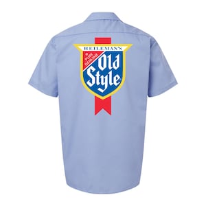 May include: A light blue short-sleeved work shirt with a yellow, red, and blue "Heileman's Old Style" logo on the back.