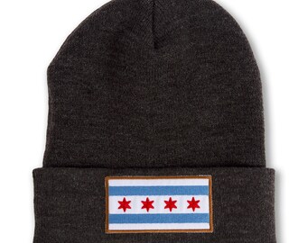 Chicago Flag Patch Beanie - Dark Grey - Chicago Beanie, Chicago Gift, Chicago Hat, Chicago Flag Beanie, Designed & Assembled in Chicago