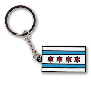 Chicago Flag Enamel Keychain Silver Key Ring - Featuring Chicago&#39;s Six-Pointed Stars - Designed in Chicago&#39;s Wicker Park