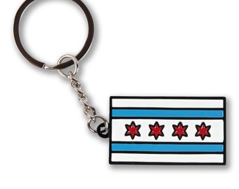Chicago Flag Enamel Keychain Silver Key Ring - Featuring Chicago&#39;s Six-Pointed Stars - Designed in Chicago&#39;s Wicker Park