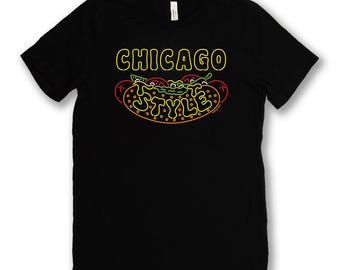 Neon Chicago Style Hot Dog Tee - Unisex- Combed Ringspun Cotton/Polyester Blend - Crew Neck - No Ketchup - Hand Screen Printed in Chicago
