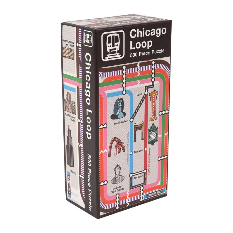 Op de afbeelding: Een zwarte doos met een kleurrijke kaart van het Chicago Loop-metrosysteem. De doos heeft de tekst "Chicago Loop 500 Piece Puzzle".