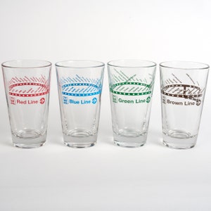 Train Line Pint Glass- Four Pack- 16oz- Chicago Pint, Chicago Glassware, Chicago Gift, Chicago Housewarming - Designed in our Chicago Studio