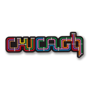 May include: A black and white graphic of the Chicago "L" train system, with the word "CHICAGO" spelled out in colorful lines representing the different train lines.