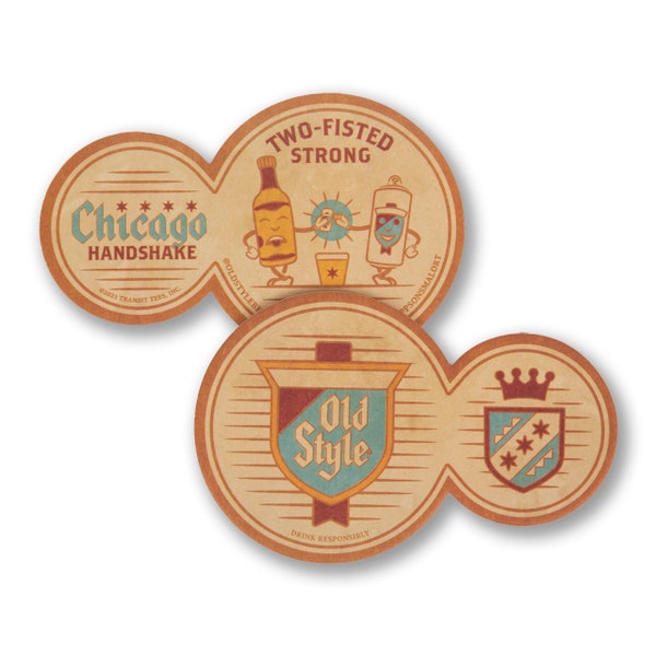 Chicago Handshake Combo Coaster - Pack of 6 - Old Style Coaster, Malört Coaster, Chicago Bartender Gift - Designed in our Wicker Park Studio