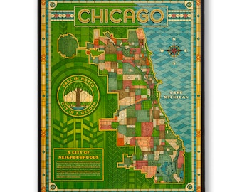May include: A vintage-style map of Chicago, Illinois, with a green, blue, and brown color scheme. The map shows the city's neighborhoods and includes the text "Chicago", "Urbs in Horto", "City in a Garden", "A City of Neighborhoods", and "Lake Michigan".