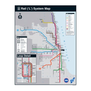CTA Rail System Map Poster - Features all Lines: Red, Orange, Blue, Purple, Brown, Yellow, Green and Pink - Designed in Chicago
