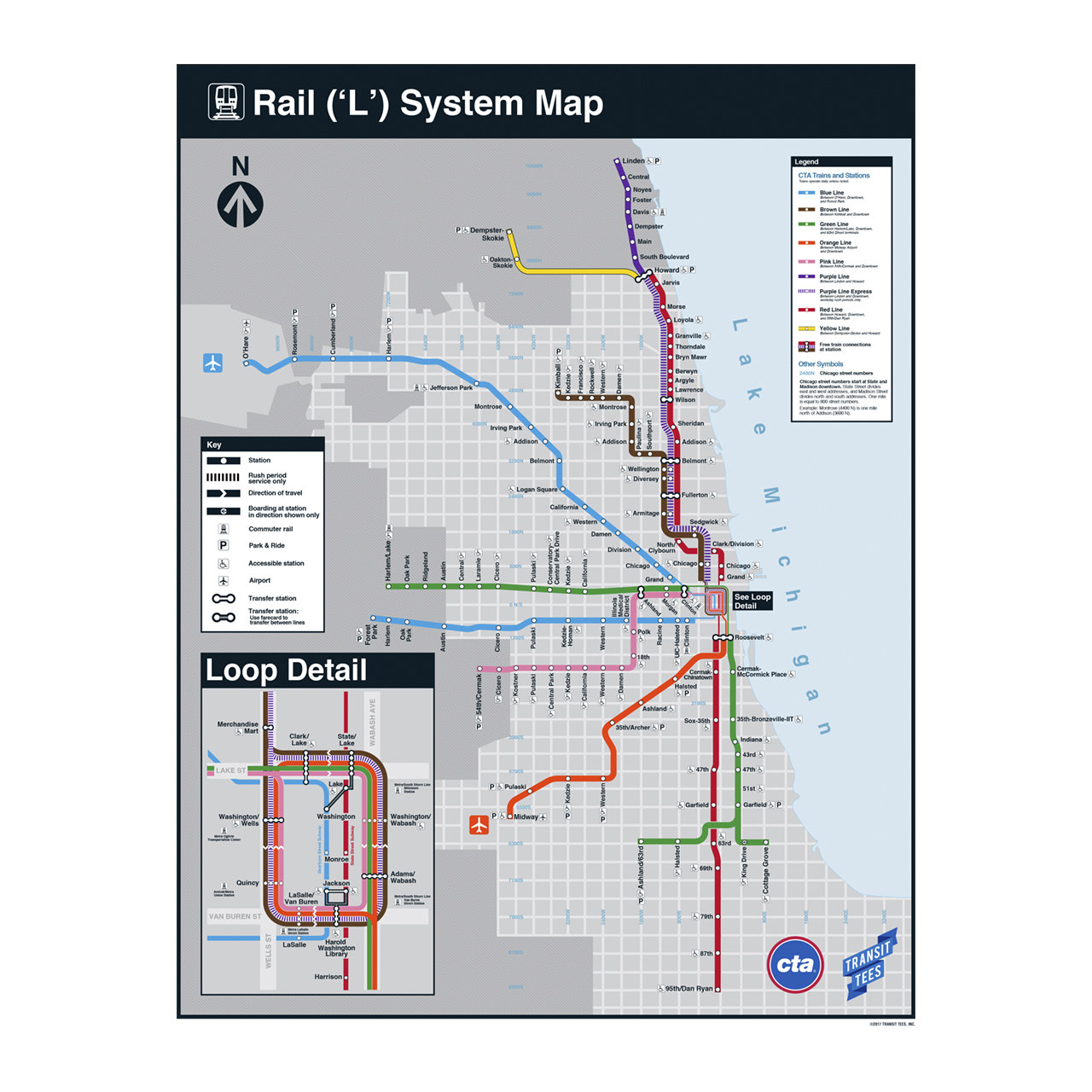 Cta Red Line Map Cta Rail System Map Poster Features All Lines: Red Orange | Etsy Ireland