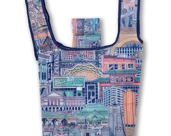 Chicago Architecture Pocket Tote - Reusable Grocery Tote, Foldable Tote, Pocket Grocery Bag - Designed in our Chicago Wicker Park Studio