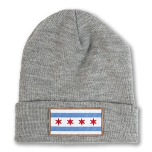May include: Gray knit beanie with a patch of the Chicago flag on the front.
